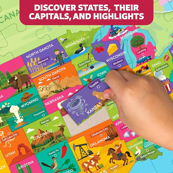 United States Puzzle for Kids Ages 4-8 – 87 Large USA State-Shaped Pieces, 27"x20" Map – Learn All 50 US States, Capitals & Landmarks – USA Jigsaw Educational Toy – Gift for Boys & Girls Ages 4+