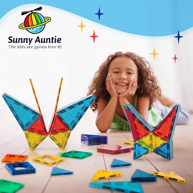 SUNNY AUNTIE Magnetic Tiles 180 PCS XL Set with Storage Bag – Magnetic Building Tiles for Kids Ages 3-8, STEM Magnet Construction Toy for Boys & Girls