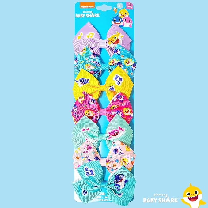Baby Shark Kids Hair Bows - Hair Accessories Gift Set - 7 Pcs 4 Inch Bundle for Girls - Different Character on each Clip - Alligator Clip - Ages 3 +