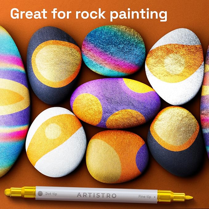 ARTISTRO 5 Gold Dual-Tip Acrylic Paint Markers – Paint Pens Set with Dot & Fine Tips for Fabric, Rock, Glass, Wood, Coloring Books – Arts & Crafts Gift – Classroom Must Haves & School Supplies
