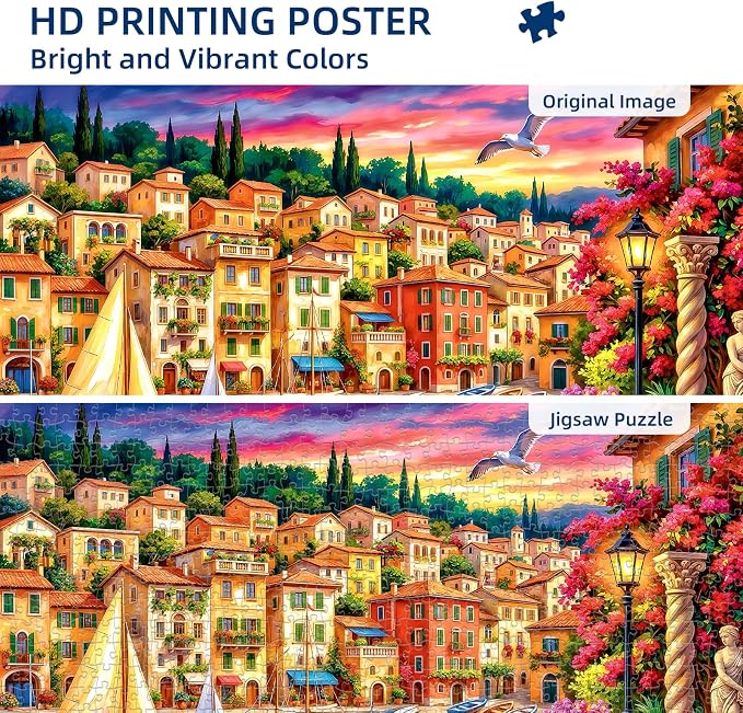 1000 Piece Puzzle for Adults, Seaside Harbor Sunset Jigsaw Puzzles for Adults 1000 Pieces, Fun Challenging Family Landscape Puzzle with Letters on Back, Colorful Harbor Houses Puzzles for Adults