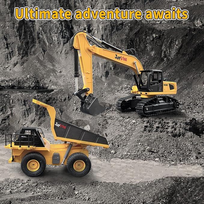 Joylike RC Excavator and Dump Truck Toy Set,2.4Ghz Metal Remote Control Construction Vehicle with Light&Sound, Best Christmas Toy for Boys 8+Year Old Kid