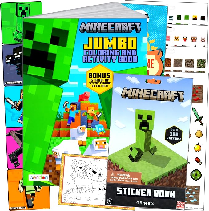 Bendon Minecraft Coloring and Stickers Activity Set with Minecraft Stickers, Coloring Book, Door Hanger, and Thank You Postcard Craft