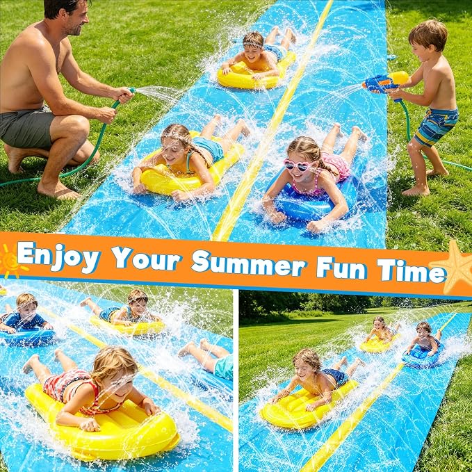 iGeeKid 45Ft Huge Slip and Water Slide with Sprinkler, Heavy Duty Lawn Waterslide for Kids Adults, Extra Long Double Lane Water Toys n Slides with 2 Bodyboards Backyard Lawn Summer Outdoor Water Toys