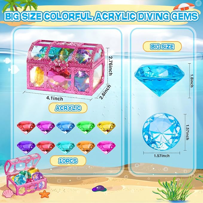 Diving Gems Pool Toys with Purple Treasure Chest Toy for Girls Age 3-10 | Large shatterproof acrylic diving gems. Fade-resistant, specially weighted to sink, building kids' water confidence
