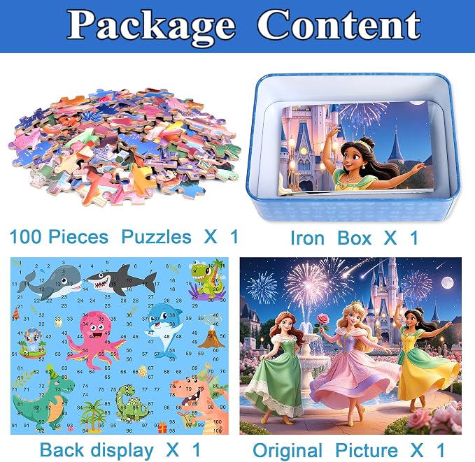 MZZOTOY Princess Puzzle for Kids Ages 4-8, 100 Pieces Jigsaw Puzzles for Kids Ages 3-5, Learning Educational Puzzles Toys Great Gift for Boys Girls in a Metal Box