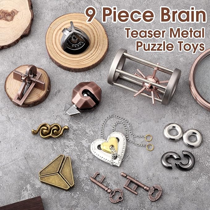 Wettarn 9 Pcs Metal Brain Teaser Puzzles 3D Steel Puzzle Set for Adults IQ Logic Challenge Disentanglement Unlock Interlocking Games Smart Logic Test Toys for Adults Mind Challenge(Stylish Style)