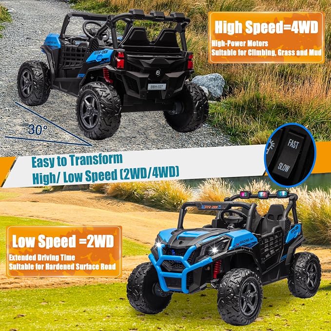 4WD UTV 24V Ride On Toys for Big Kids Ride On 2 Seater Ride On Toys Kids | 2 Seater Ride On Car for Kids Side-by-Side UTV Electric Cars for Kids Electric Ride Car Ride On Toys for Kids 4-8
