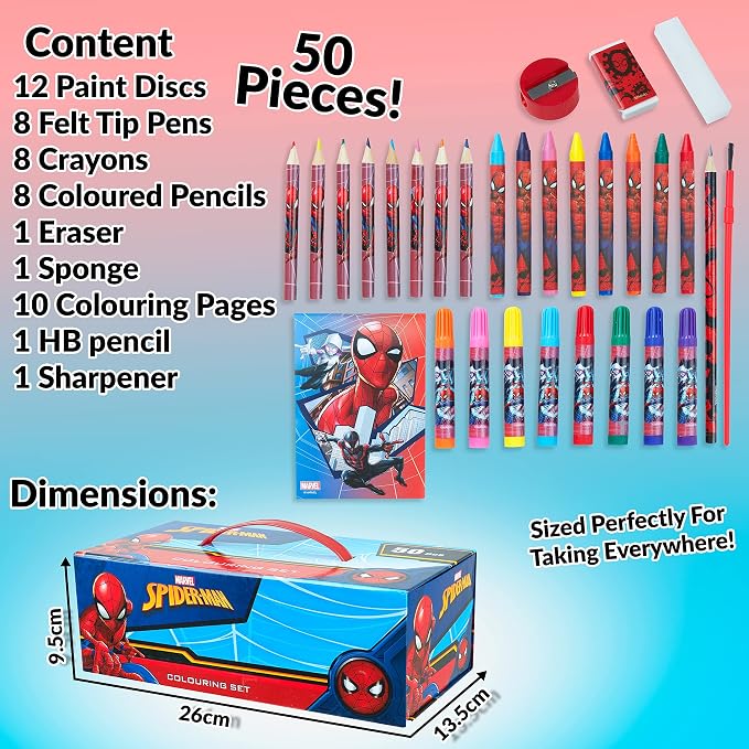 Marvel Art Case for Kids with Colored Pencils Markers Crayons Watercolors Drawing Supplies Travel Art Kit Gifts for Kids (Multicolor Spiderman)