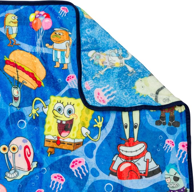 Silver Buffalo Spongebob Squarepants, Patrick, Squidward, Mr. Krabs, Sandy, Pearl, Mermaid Man, Barnacle Boy, Flying Dutchman, Bikini Bottom Characters 45" x 60" Fleece Throw, Soft Blanket, 185 GSM