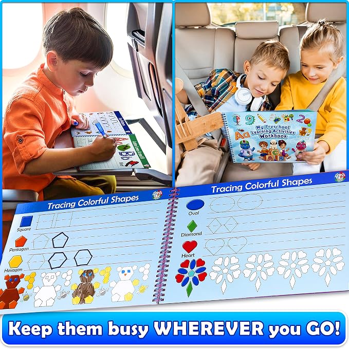 Curious 2 Learn Hardcover Preschool Activity Workbook for Kids Ages 3–5 – 32 Montessori Learning Activities with 9 Markers – ABC, Numbers, Colors & Shapes – Educational Gift for Boys & Girls