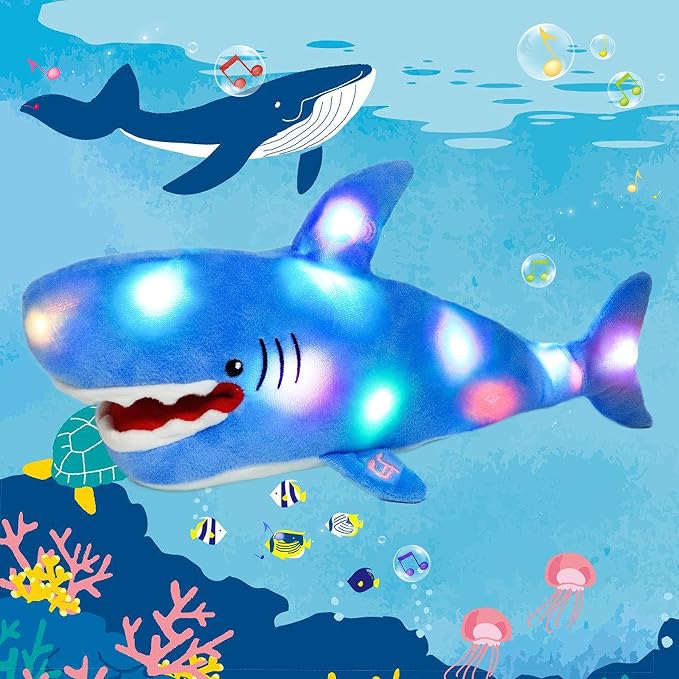 Light-up Singing Plush Shark LED Musical Stuffed Animal Adjustable Volume Lullaby Plushies Birthday Christmas Toy Gifts for Kids Toddler Girls, 13"