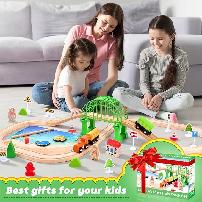 Wooden Train Set 61-Piece for Toddlers Kids Ages 3-8, Double-Sided Expandable Train Track with Puzzles & Magnetic Fishing Toys Compatible with Major Brands, STEM Railway Playset Gifts for Boys Girls