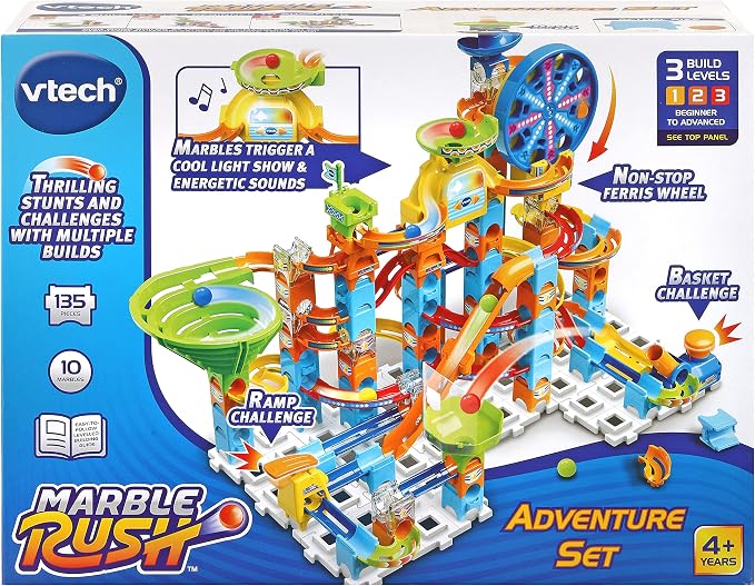 VTech Marble Rush Adventure Set, Construction Toys for Kids with 10 Marbles and 128 Building Pieces, Electronic Track Set for Boys and Girls, Colour-Coded Building Toy with Music and Sound, 4 Years +