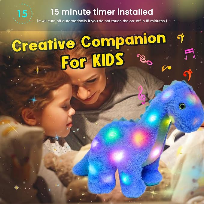 Hopearl LED Musical Stuffed Dinosaur Lighting Up Singing Diplodocus Soft Plush Toy with Long Neck Adjustable Volume Lullaby Animated Soothe Gifts for Kids Toddlers, Blue, 16''