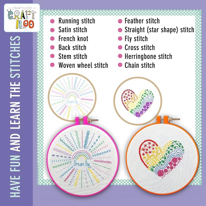 10 Pre-Stamped Embroidery Patterns for Beginners Embroidery Kit for Kids Girls Needlepoint Kits for Beginners Cross Stitch Craft Sewing Perfect for Ages 7-13