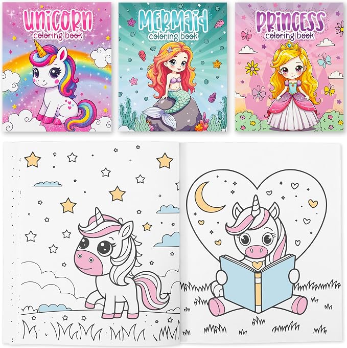 Fun Coloring Books for Kids Set of 3 - Cute Princess, Unicorn & Mermaid Coloring Book for Girls Ages 4-8 - Easy to Color Toddler Gift for Travel w Magical Themes for Your Creative Little Princess 1-3