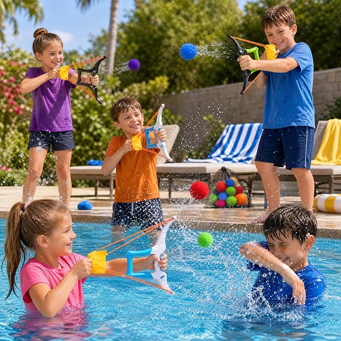 Water Balloon Launcher, 2 Bow Launchers Toy with 24 Pcs Reusable Water Absorption Cotton Balls, Outdoor Summer Yard Water Games and Pool Beach Activities for Family