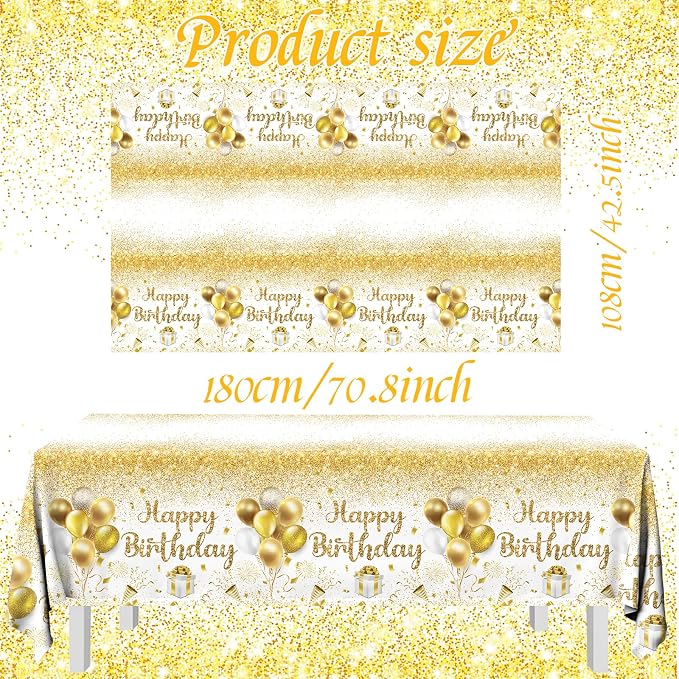 Happy Birthday Tablecloths - Gold & White Party Decorations, 3pcs Disposable Table Covers for Indoor/Outdoor Birthdays