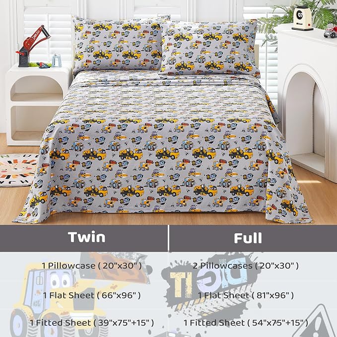 Viviland 3 Pieces Boys Grey Truck Twin Sheet Set - Soft Microfiber Fitted Flat Sheets & Pillowcase Bed Sheet Set - Heavy Duty Vehicle Print Bedding Sets for Kids