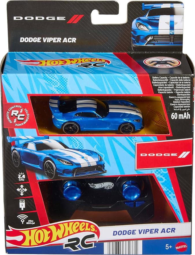 Hot Wheels Remote-Control Toy Car, 1:64 Scale RC Dodge Viper ACR, Race On & Off Track, Booster Button for Stunts, Iconic Casting for Automotive Fans