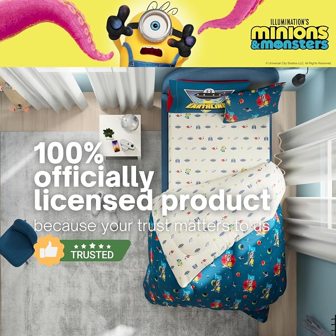 Minions and Monsters Movie Kids Bedding Set, Twin Size 5 Piece Comforter and Sheet Set with Sham, (Officially Licensed Product) by Franco