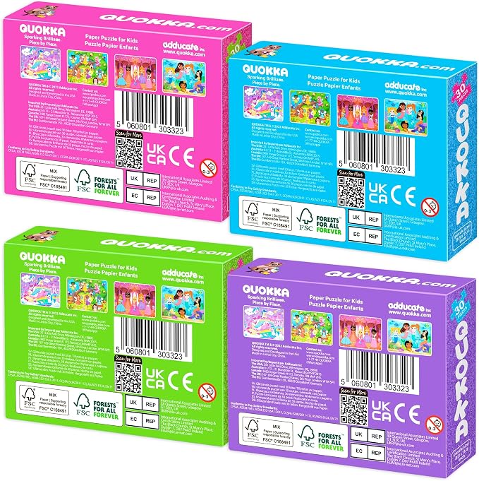 QUOKKA Puzzles for Toddlers 3-5 – Shimmer 4-Pack 30 Pieces Puzzles for Kids Ages 2-4 - Fairy Tale Jigsaw Set with Princess Unicorns for Kids 4-6 Years, Gift for 3 Year-Old Boy Girl, FSC Certified Toy