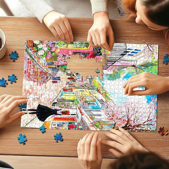 Spring Cherry Blossom Street 500 Piece Jigsaw Puzzles for Adults Colorful European Scene Pink Town Jigsaw Puzzles with Letters on Back for Perfect Family Challenge Game Nights (23"X15")