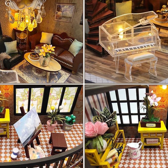 Spilay DIY Miniature Dollhouse Kit with Wooden Furniture,1:24 Scale Mini House with Dust Proof Cover & Music Box,Best Valentine's Day (M2132)