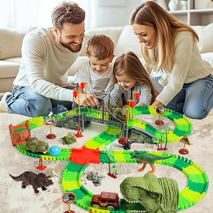 Dinosaur Track Race Car Toys - Birthday Toys Gifts for 3 4 5 6 7 Year Old Boys Girls - Flexible Dinosaur Track Car Set with Light - Create a Dinosaur Adventure World