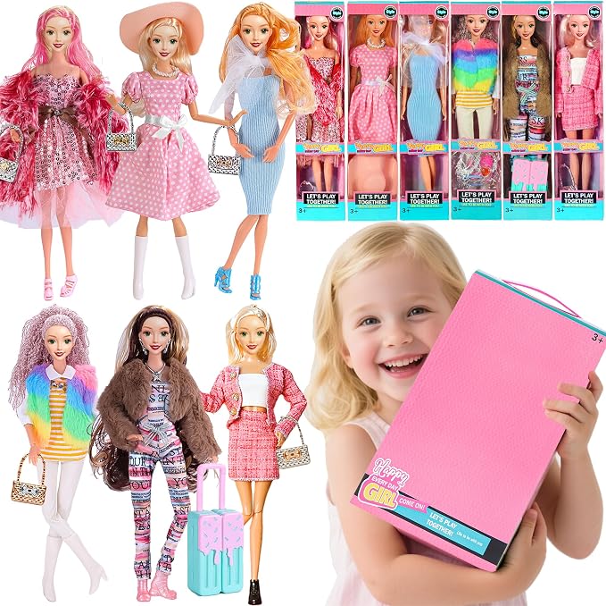 6 Pack Fashion 11.5 inch American Toy Prinecess Dolls Playset with Outfits Dress Design and Accessories Like Handbag Hat Crown Necklace Suitcase (Gift Box Package)