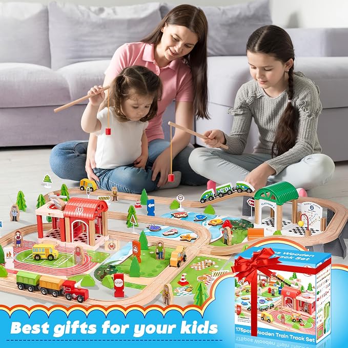 Wooden Train Set 175-Piece for Toddlers Kids Ages 3-8, Double-Sided Expandable Train Track with Puzzles & Magnetic Fishing Toys Compatible with Major Brands, STEM Railway Playset Gifts for Boys Girls