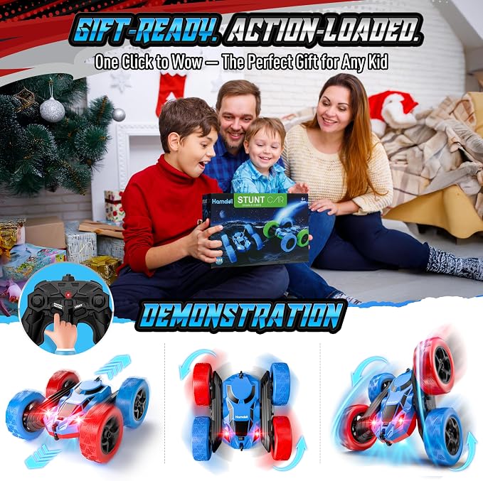 Hamdol STEM Remote Control Car for Kids, 360° Spinning Double-Sided Coloured Design RC Stunt Car with LED Lights, USB-C Rechargeable Educational Toy for Boys Ages 6–12, Ideal Birthday