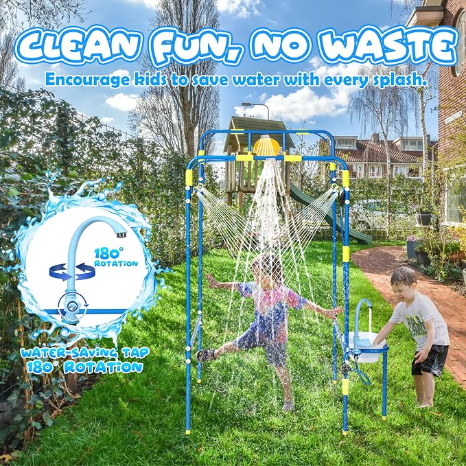 Backyard Waterpark for Kids, Heavy-Duty Steel Water Park Sprinkler Toy Game with Splash Buckets, Collapsible Wash Basin & Water Faucets, Water Play Activities Outdoor Summer Toys