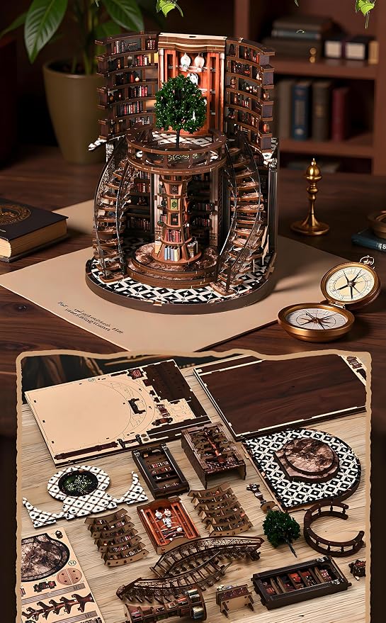 Book Nook Kits for Adults Fantasy 3D Puzzle Library Booknook Kit with Dust Cover Wisdom Book Repository Round Bookshelf Decor Wooden DIY Spiral Staircase Miniature Dollhouse Book House