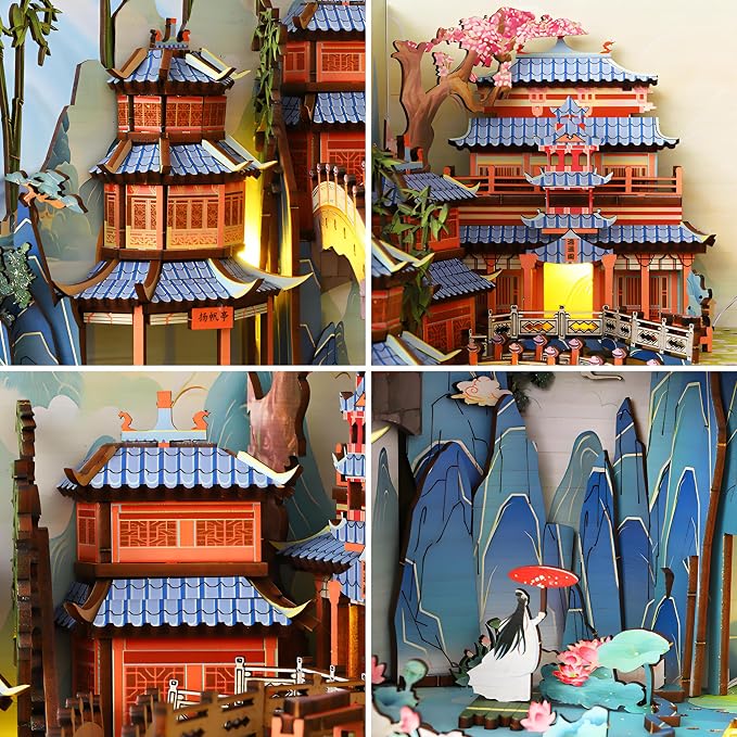 Book Nook Kit for Adults, DIY Dollhouse Booknooks Penglai Wonderland Landscape Decor Chinese Landscapes Bookshelf Insert with Dust Cover LED 3D Wooden Puzzle Assembly Model Creative Gift