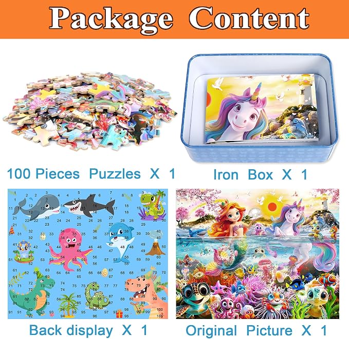 MZZOTOY Mermaid Unicorn Puzzles for Kids Ages 4-8, 100 Pieces Jigsaw Puzzles for Kids Ages 3-5 Puzzle for Girls and Boys Learning Educational Puzzles Toys in a Metal Box
