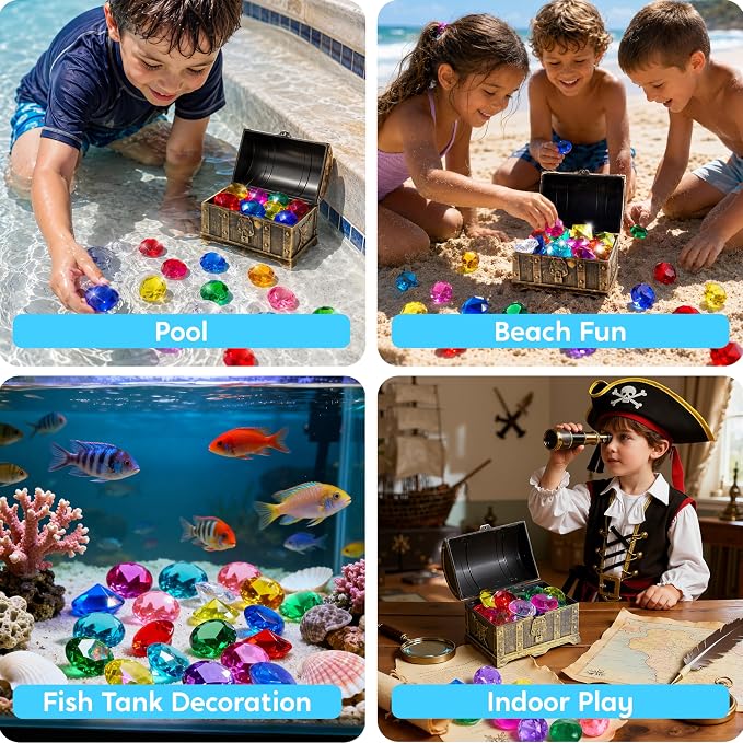 Sloosh Diving Gems Pool Toys, 16 Big Colorful Diamond with Pirate Treasure Chest,Swim Dive Toy for Kids Underwater Gemstone Swimming Training Gift Water Pool Games(Gold)