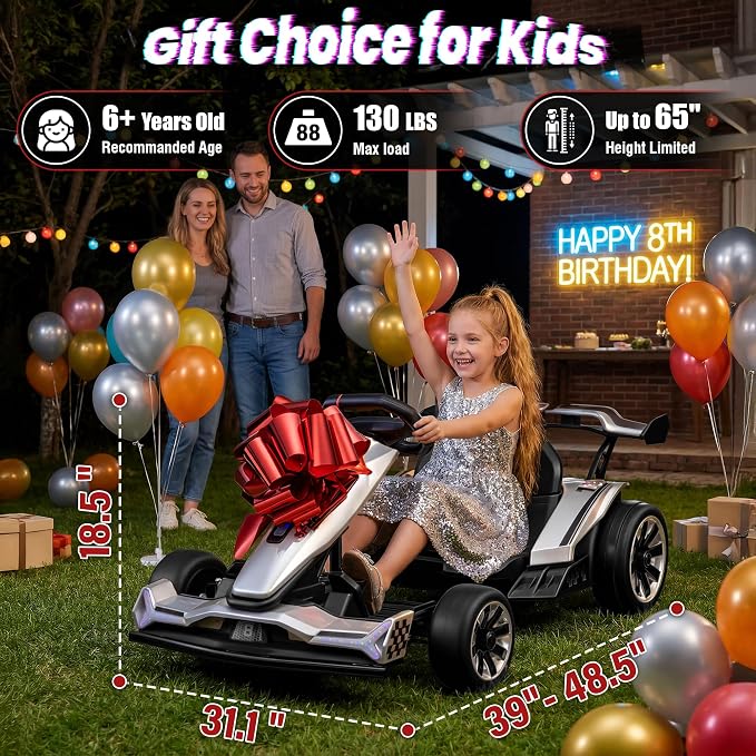 24V Electric Go Kart, Kids Drift Kart with Dual 400W Motors, Length Adjustable Seat, 8.2 MPH Max, 130LBS Max Load, Outdoor Ride on Toy Crazy Kart w/Bluetooth Music, Rainbow Light