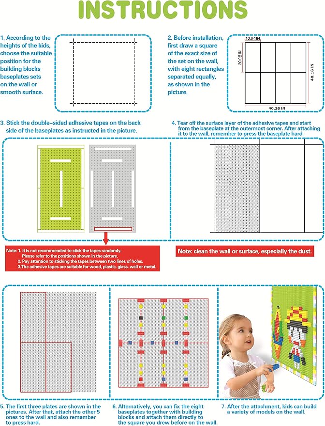 Build On Wall or Table - Customize Building Block Wall, 8 Pack (10" x 20") Self Adhesive Building Base Plate, 440 Pcs Compatible with All Major Brand Brick - Fastest Easiest DIY Fun Wall and Desk