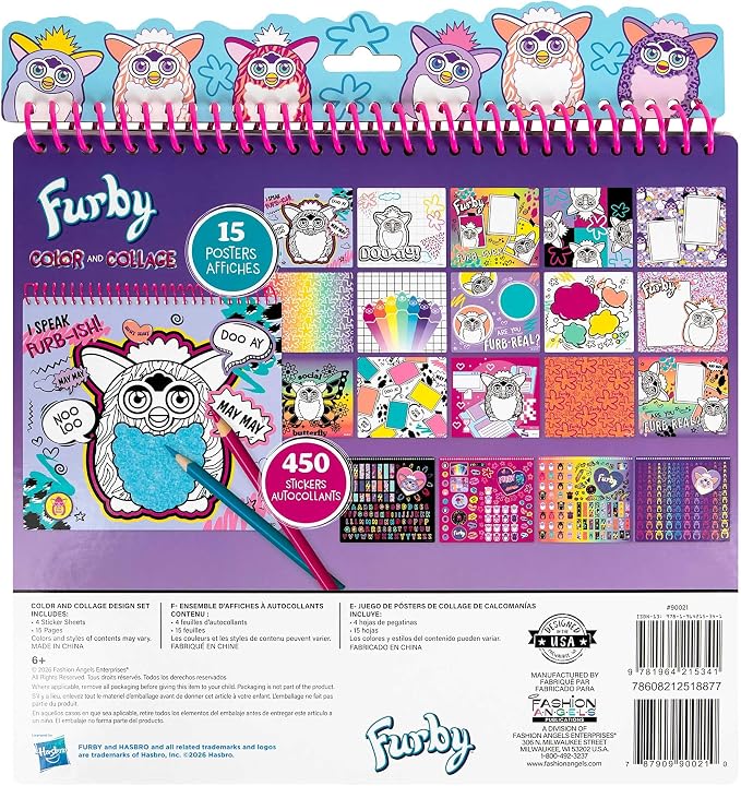 Fashion Angels Furby Color & Collage Portfolio, Includes 15 Posters & 4 Sticker Sheets with 450+ Stickers, Creative Coloring & Design Activity Kit for Kids