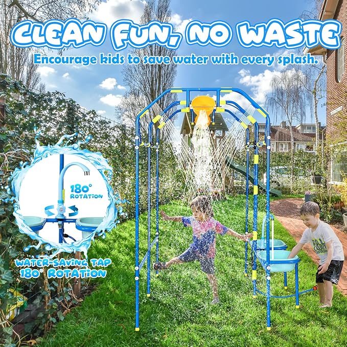 Water Park Sprinkler Toy for Kids, Heavy-Duty Steel Backyard Waterpark Splash Game with Shooting Toys, Splash Buckets, Water Table & Faucets, Water Play Activities Outdoor Summer Fun