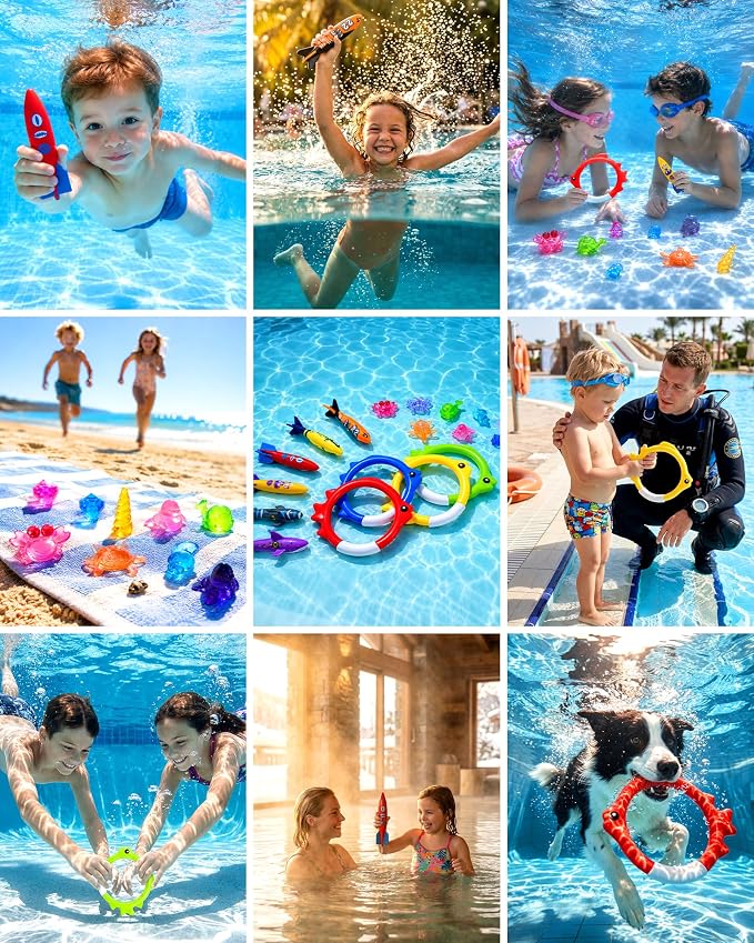 20Pcs Summer Pool Diving Swimming Toys for Kids Ages 3-12, Fun Swim Games Sinking Set, Underwater Dive Gifts with Storage Bag Include Torpedo Gems Shark Rings Sea Animals for Boys Girls Toddlers
