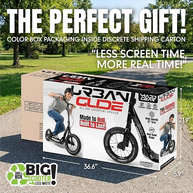 Large Kick Scooter for Adults, Teens & Kids 8-12 with Kickstand – 12" Air-Filled Tires, Wide Deck, Lightweight Steel Frame – Madd Gear Metro Urban Glide 300
