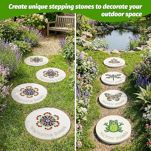 U0U 5PCS Stepping Stone Kit Includes Round Cement Molds, Mosaic Tiles and Carving Tools,DIY Garden Stepping Stone kit for Kids,Family,Outdoor Walkways Pavement Decoration (No Concrete Mix)