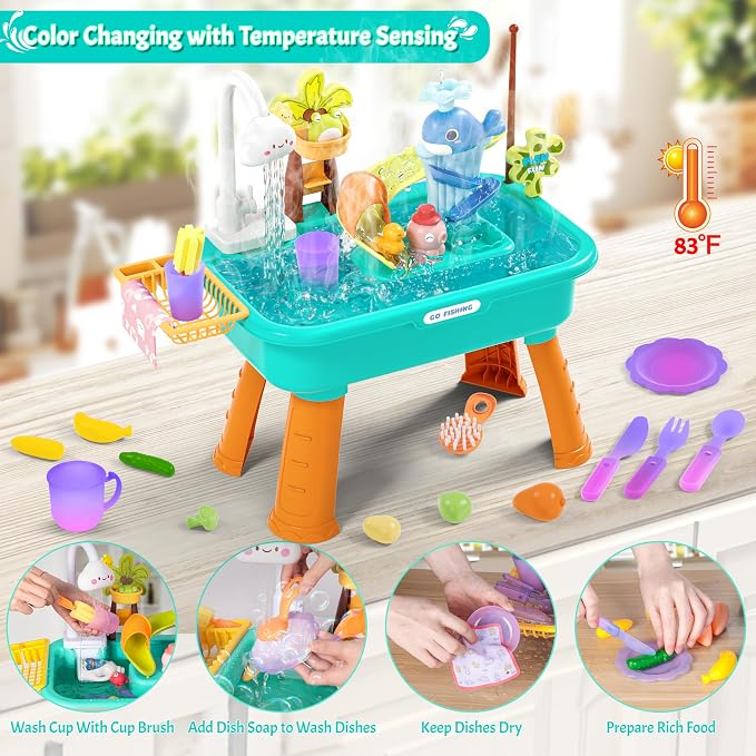 2026 Upgraded Kitchen Sink Toys, Water Table for Toddlers 1-3 3-5, Water Table for Kids Ages 4-8, Toddler Water Play Table|Beach Outdoor Toys, Summer Gift for Girl Boy 3 4 5 6 7 8, Orange&Green