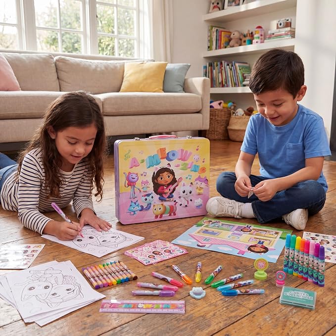 Innovative Designs DreamWorks Gabby’s Dollhouse Deluxe Activity Set with Carrying Tin, Coloring Sheets, Tattoos, Stickers, & Art Supplies