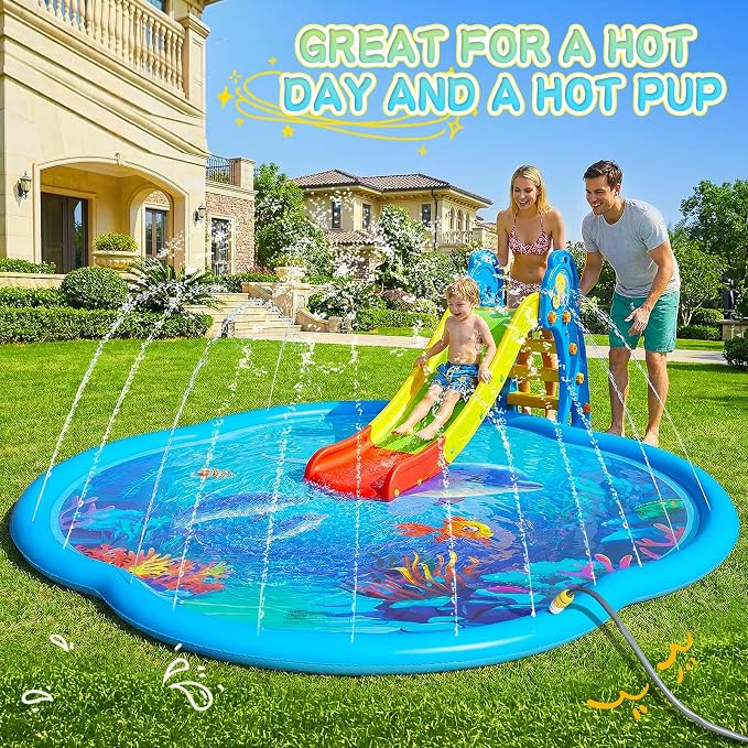 Splash Pad Sprinkler for Kids & Dog, 75" Round Sea World Splash Pad for Toddler 1-3, Thicken Outdoor Water Toy Play Mat for Children, Backyard Inflatable Sprinkler Shallow Pool Fountain Pad