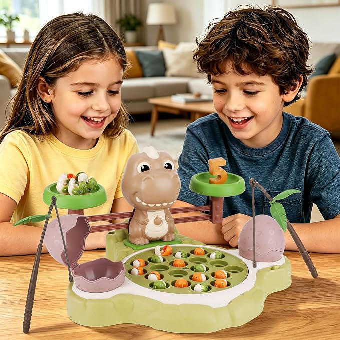 VGY STEM Quiet Balance Game – Dinosaur Magnetic Fishing Game & Math Scale Toy, Educational & Montessori Toys for 3 Year Old, Board Games for Kids 4-6, Electric Rotating Number Cards with Silent Motor