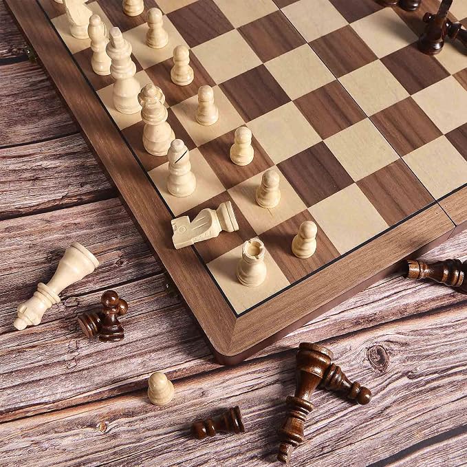 ELONGDI 15" Wooden Chess Set with Magnetic Pieces - Extra Queens - Folding Chessboard Portable Travel Tournament Chess Board Games for Adults Kids